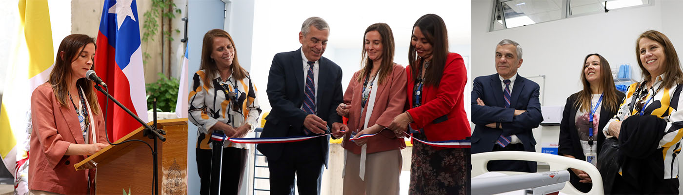 Ceremonia de inauguración de nuevas instalaciones de la Escuela de Ciencias de la Salud UC con corte de cinta y autoridades