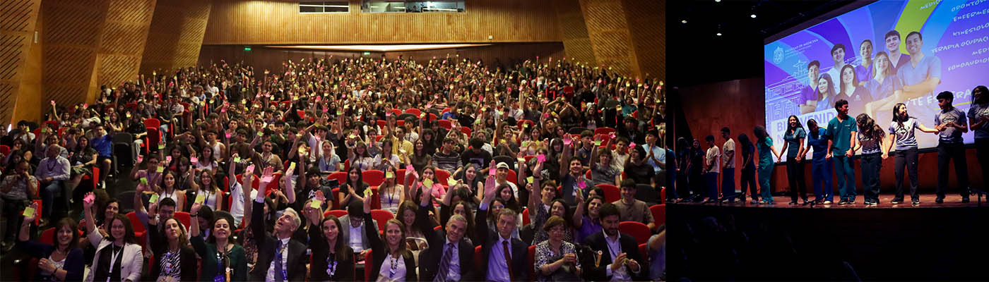 Ceremonia de bienvenida a estudiantes de la Facultad de Medicina UC: auditorio lleno y carreras de la salud en escena