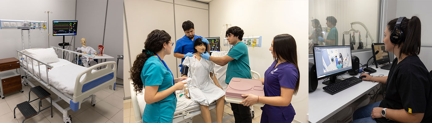 Centro de simulación clínica UC: sala equipada, estudiantes atendiendo a un maniquí y observación desde sala de control